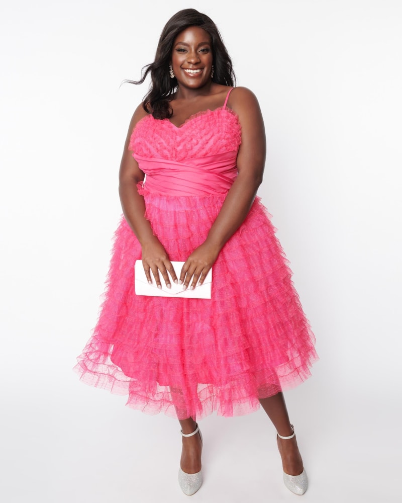 Front of a model wearing a size 5X/26 Unique Vintage Plus Size Hot Pink Tulle Cupcake Swing Dress in Hot Pink by Unique Vintage. | dia_product_style_image_id:270103